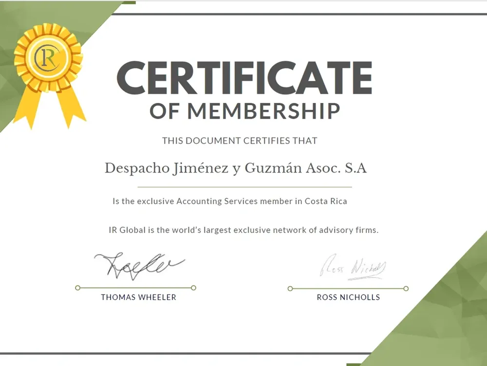 Certificado de membresía de IR Global a nombre del Despacho Jiménez y Guzmán