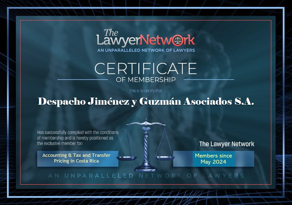 Certificado de membresía de The Lawyer Network a nombre del Despacho Jiménez y Guzmán